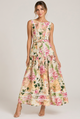A sleeveless, tiered maxi dress with a pink and green floral print.